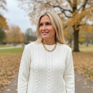 Puritan Vintage Shetland Wool Blend Cable Knit Sweater Cream White Medium USA